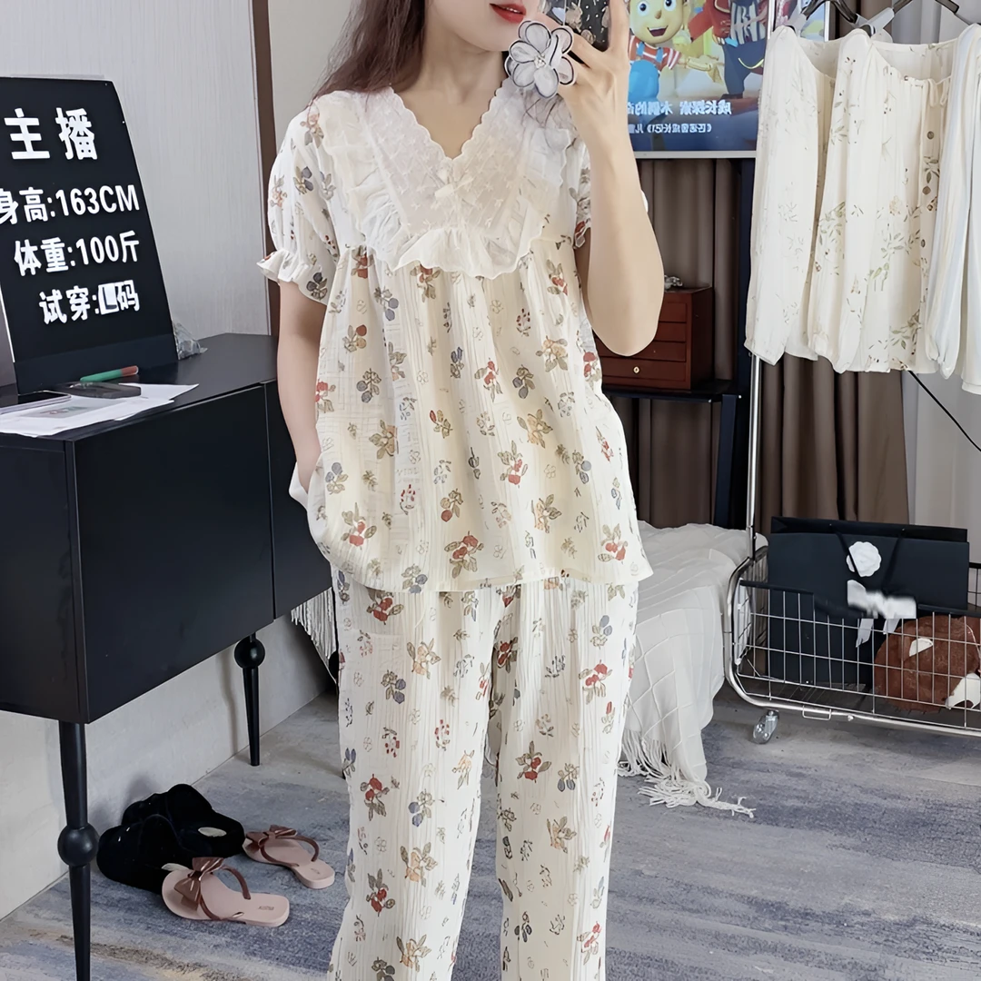 夏天薄款清凉透气公主风纯棉双层纱棉纱睡衣女套装夏季甜美家居服