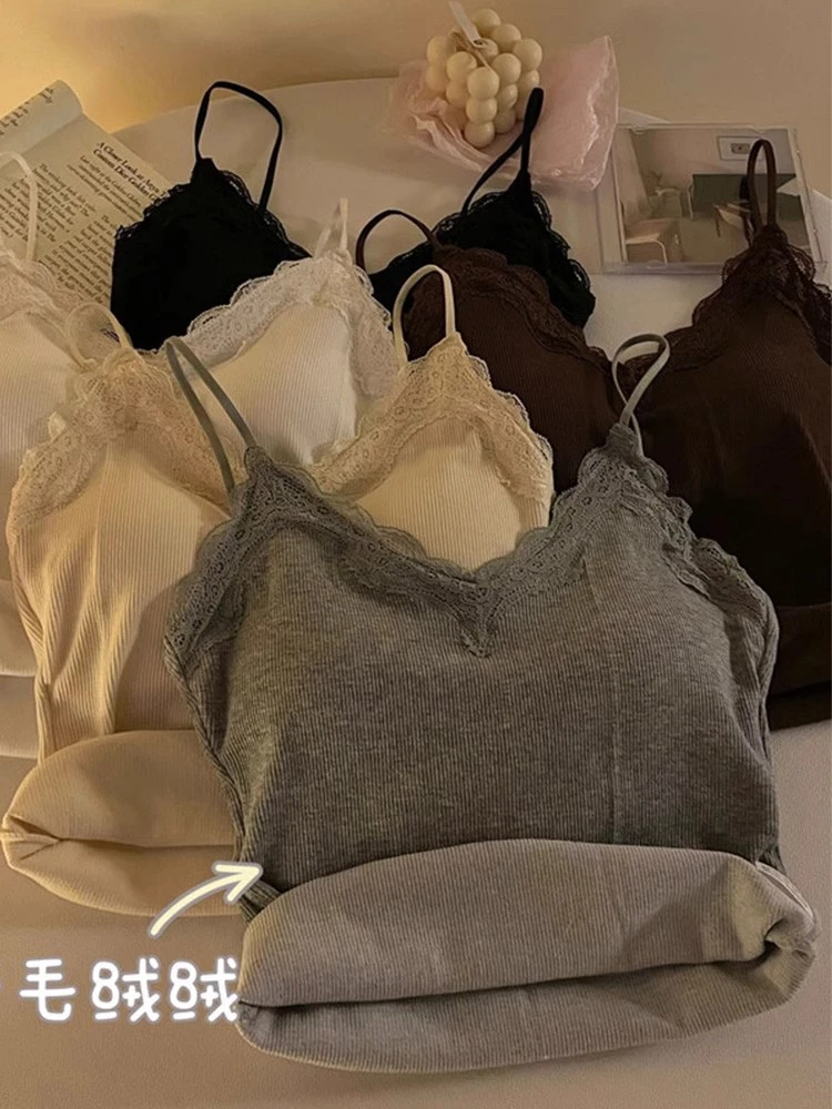 秋冬内搭带胸垫美背文胸一体蕾丝小吊带背心女加绒打底衫保暖上衣