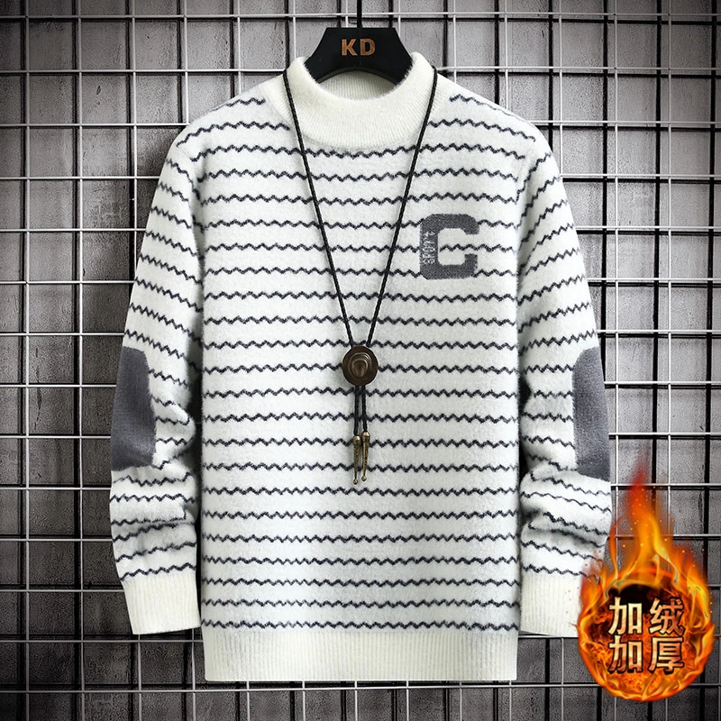 青少年学生秋冬季毛衣潮流加绒半高领针织衫双面绒加厚保暖毛衫