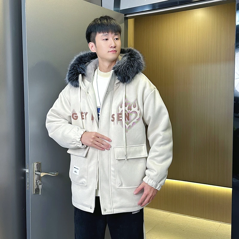 青少年学生冬季新款大毛领加绒加厚外套青少年时尚潮流保暖棉服男