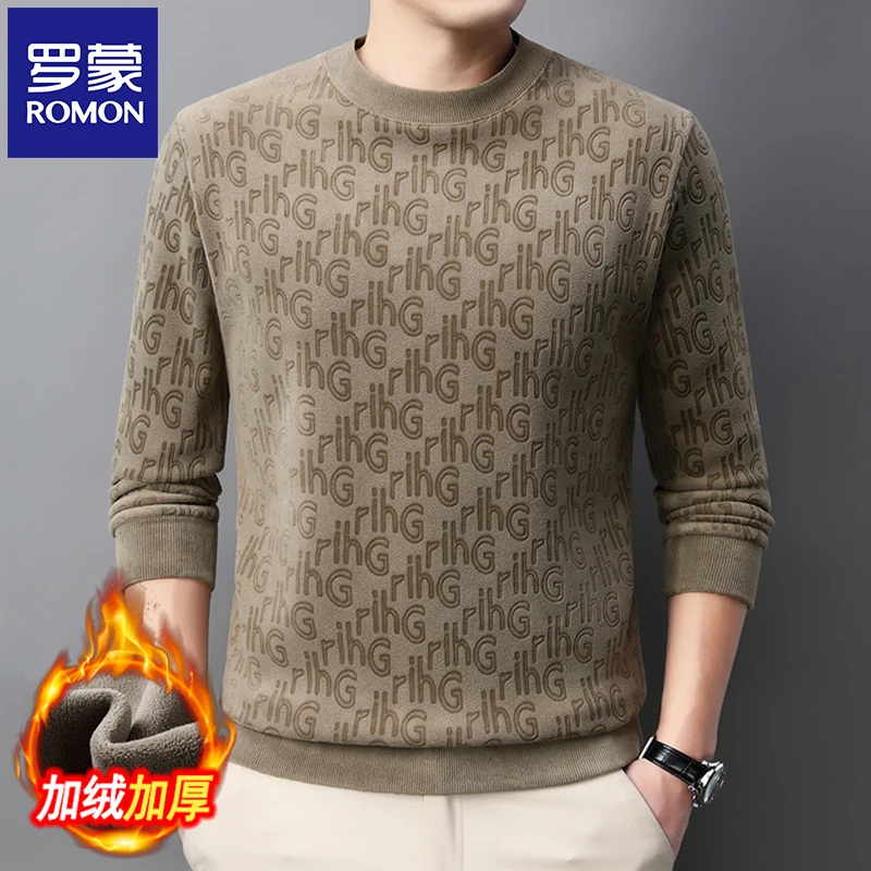 Romon/罗蒙高档男士奥粒绒百搭休闲加绒保暖毛衣冬季一体绒上衣