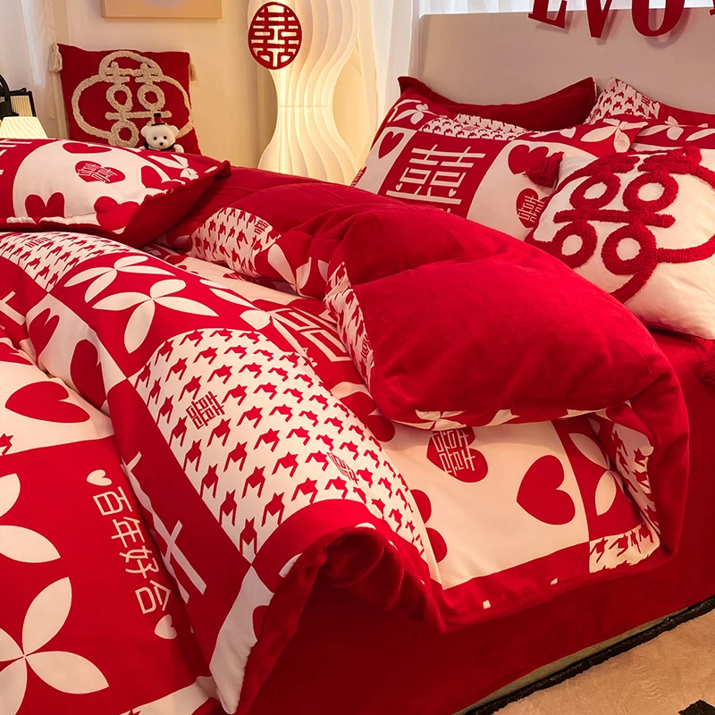 2023新款婚庆大红牛奶绒印花四件套双面绒珊瑚绒四件套