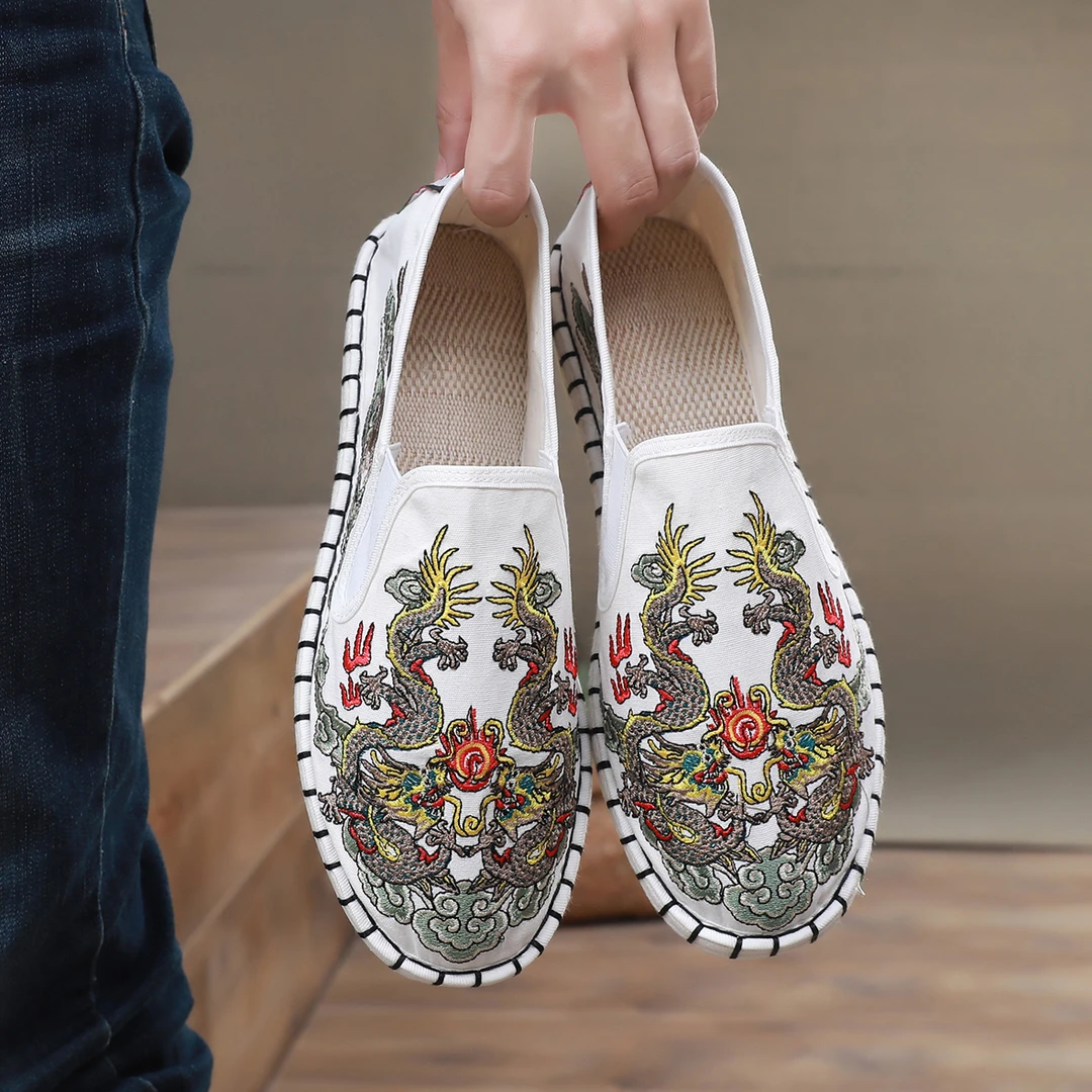 双龙老北京千层底手工刺绣工艺国潮风透气男士休闲时尚一脚蹬布鞋