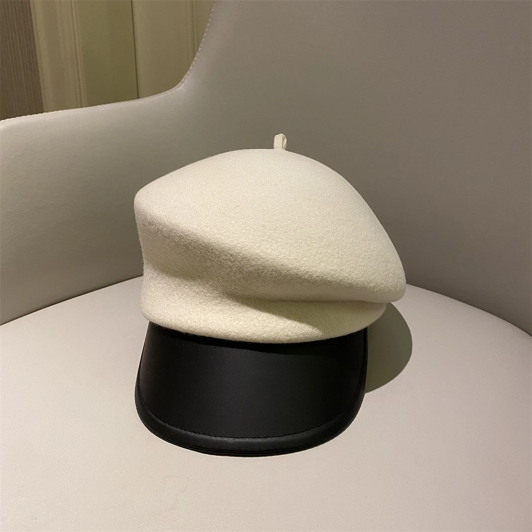 安酒月【贝雷帽】韩系PU皮帽檐女秋冬鸭舌帽复古贝雷帽子AJY221118