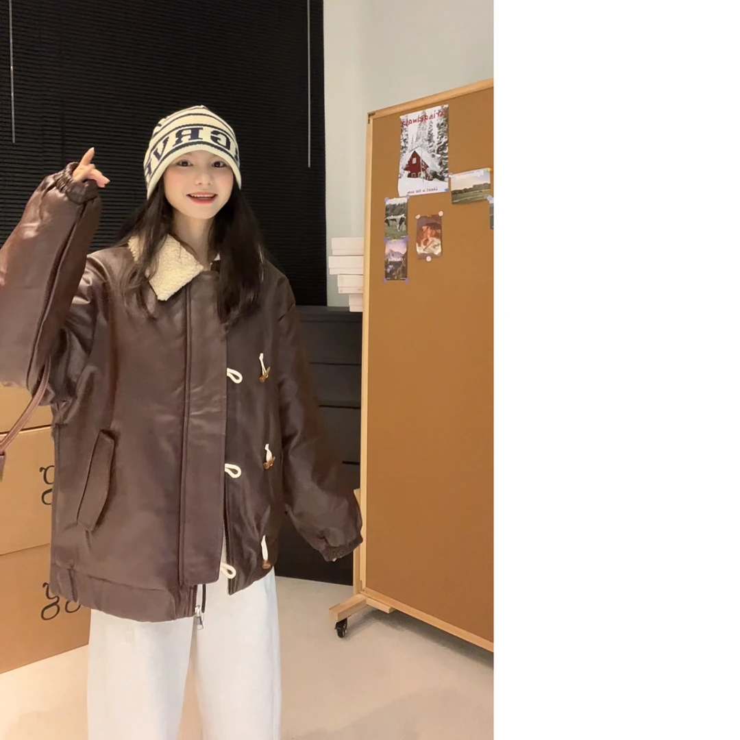 【清仓福利/NO退NO换】冬日美式牛角扣翻领夹棉皮衣夹克外套~218