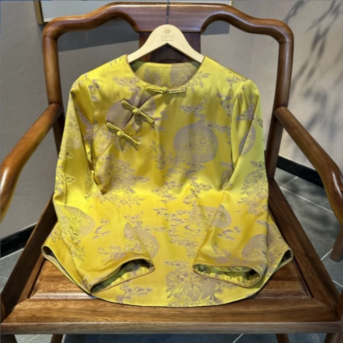 蒸蒸日上 芳华设计新中式复古国风斜襟上衣女士黄色双层提花上衣