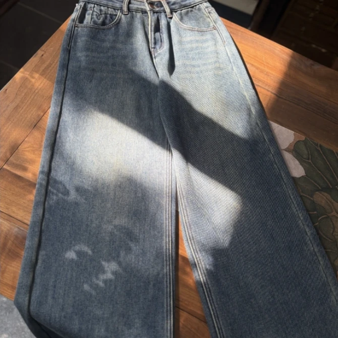 小雪 芳华设计新中式复古厚款直筒阔腿裤休闲百搭冬款厚版牛仔裤