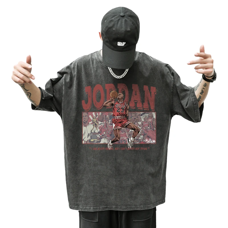 阿叽阿咗水洗做旧手绘球星圆领短袖T恤 美式复古街头重磅宽松球衣