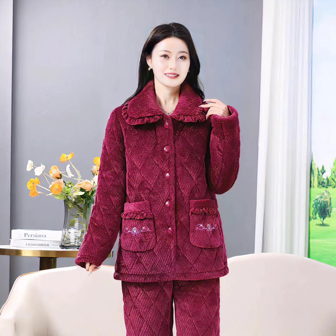 【妈妈款】三层夹棉加厚加绒珊瑚绒保暖冬天睡衣女套装秋冬老人中年