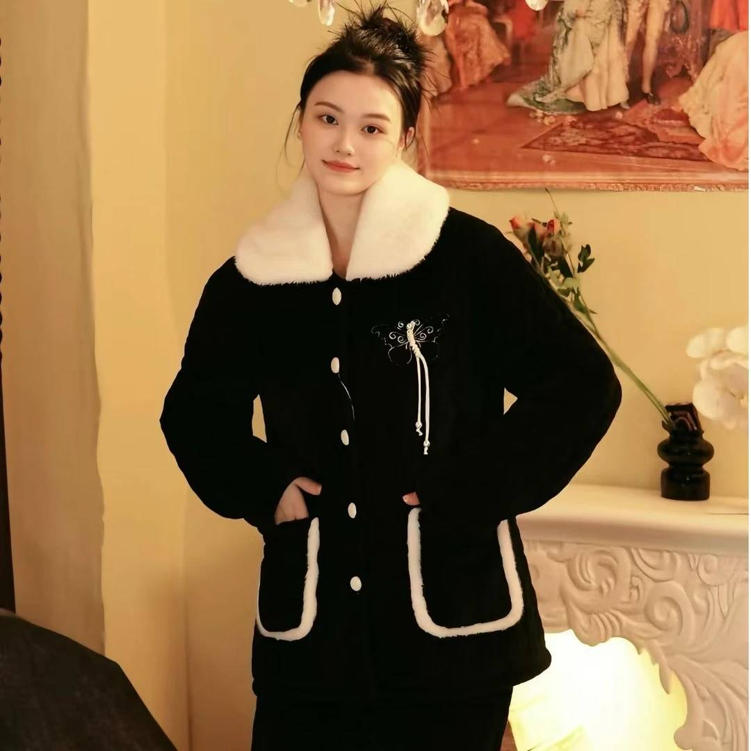 【刺绣蝴蝶】冬季翻领开衫加绒加厚保暖女士外传家居服套装睡衣女
