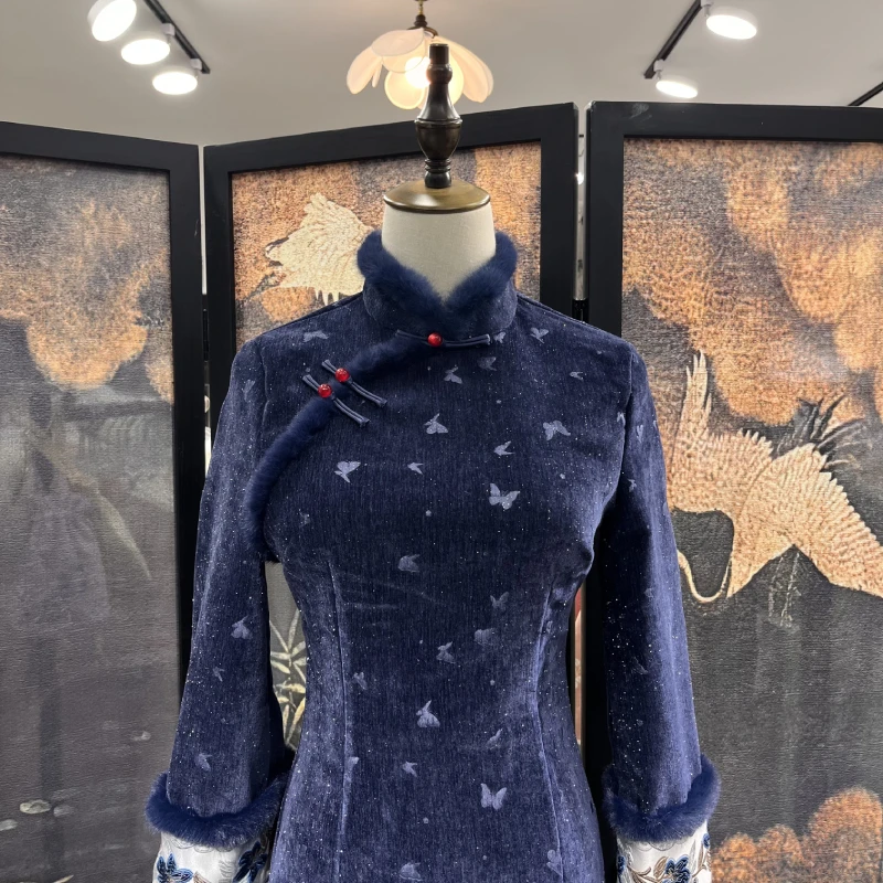 0119午夜蓝蝴蝶暗纹修身秋冬中国风旗袍日常加绒显瘦气质连衣裙