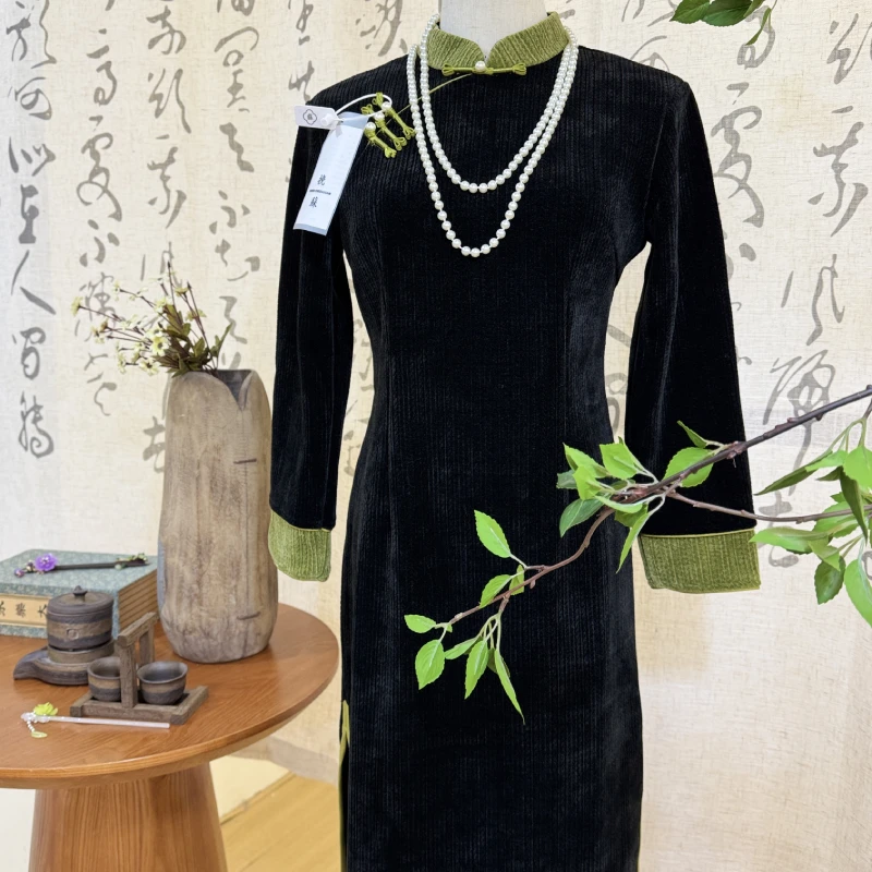 XRH2034黑色竹叶青拼接旗袍修身秋冬中国风旗袍日常显白气质打底