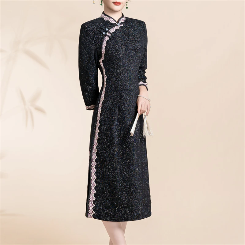 8044黑色改良旗袍女款高端日常蕾丝中式高贵连衣裙春夏新款小个子