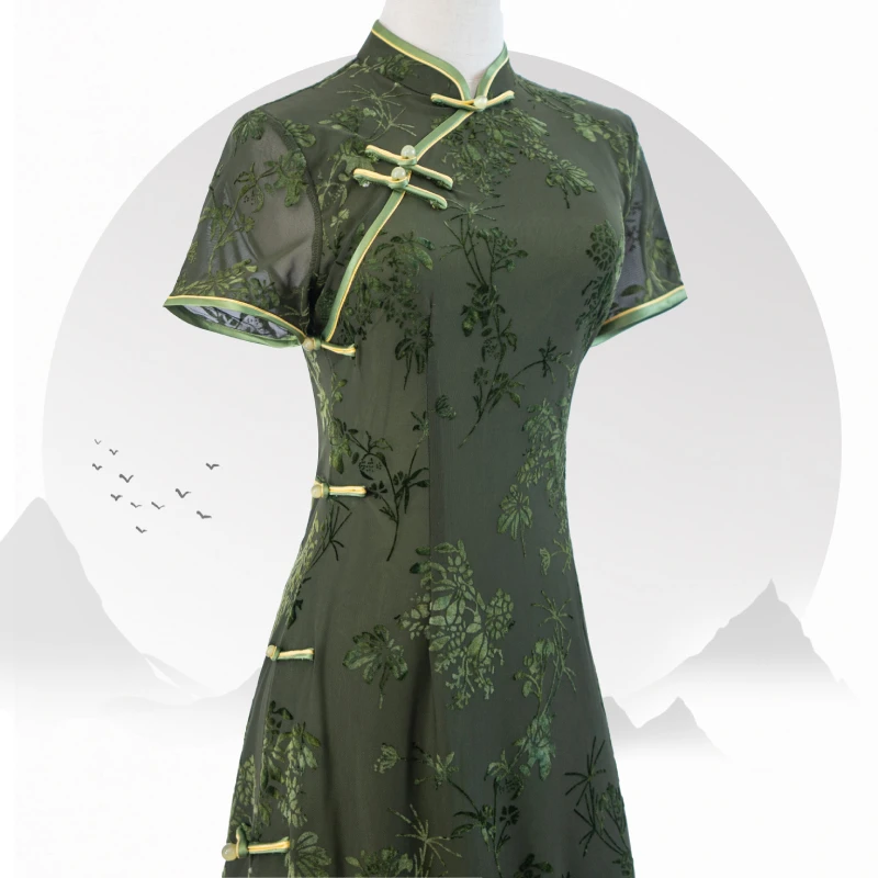 2831【水墨丹青】新中式修身植绒旗袍改良复古国风连衣裙夏季