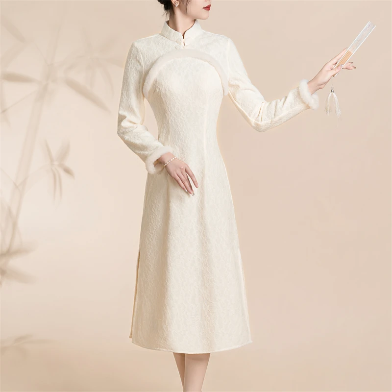 1686米色改良旗袍冬款加绒加厚女款高档气质日常小个子连衣裙新款
