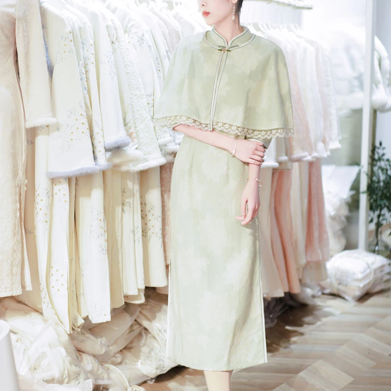 0802绿色两件套改良旗袍女款高端气质新中式日常中国风春夏小个子