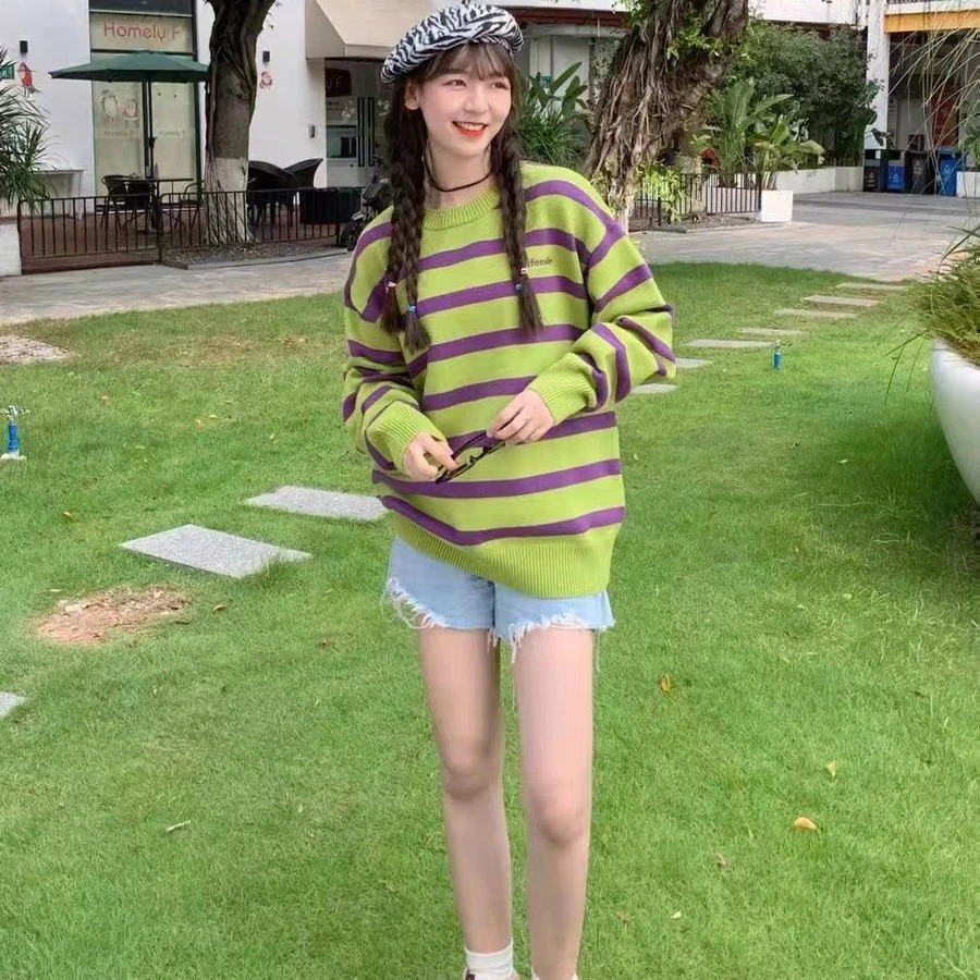 绿紫撞色条纹圆领长袖针织衫女秋季港味   T648