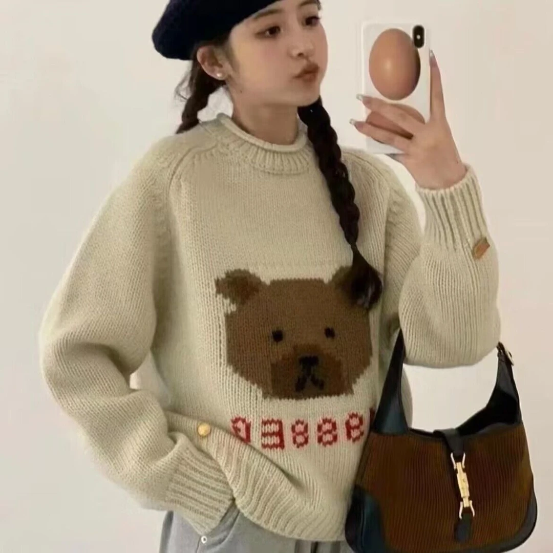 T1824 韩系可爱卡通图案小熊古着设计感卷边圆领套头毛衣