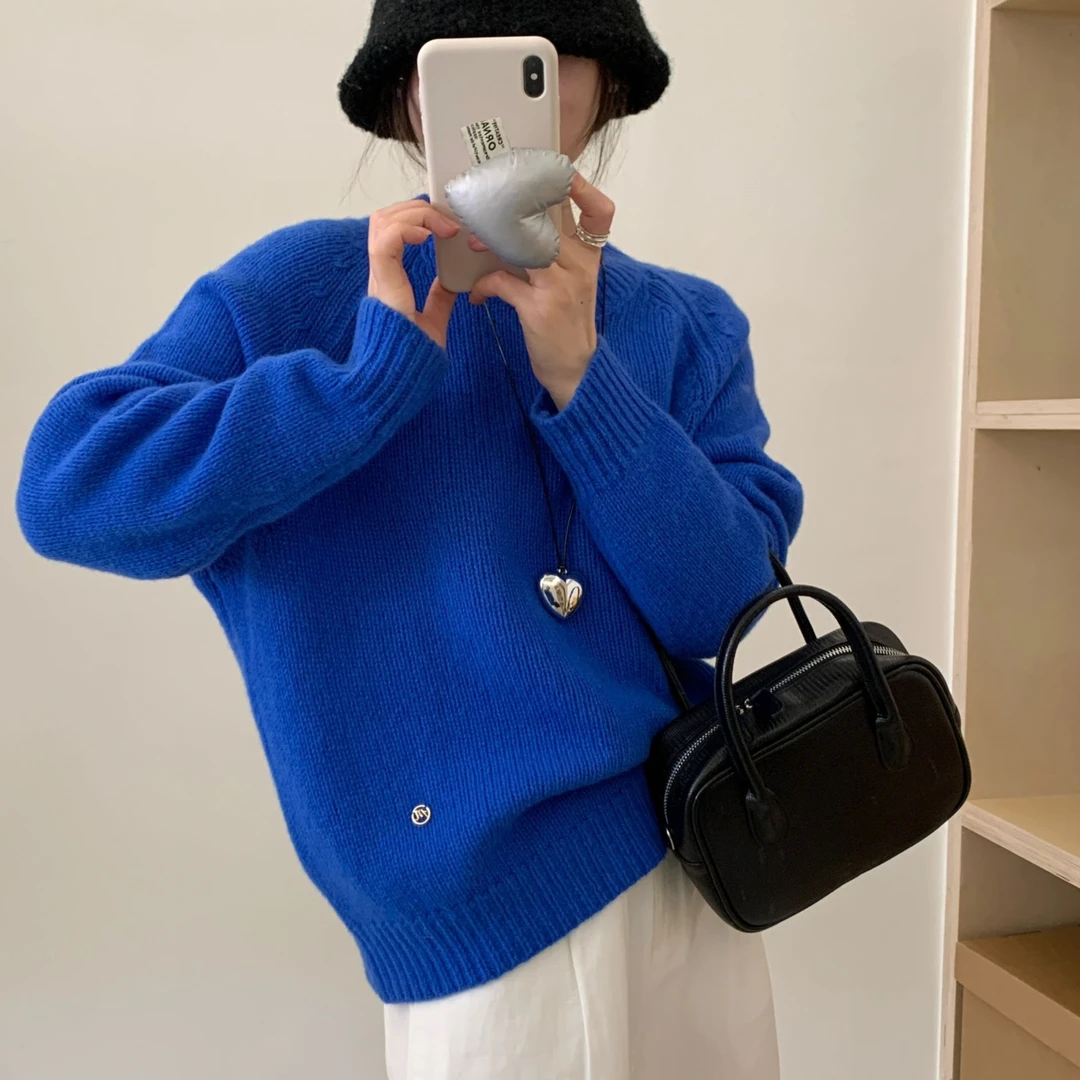 T1797 宝石蓝纯色软糯圆领套头毛衣女秋冬韩版针织衫打底上衣
