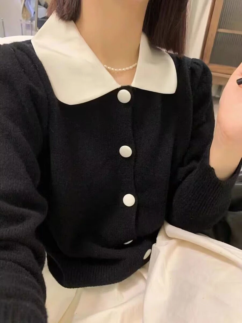 K1596 气质赫本风 拼色娃娃领减龄针织毛衣开衫