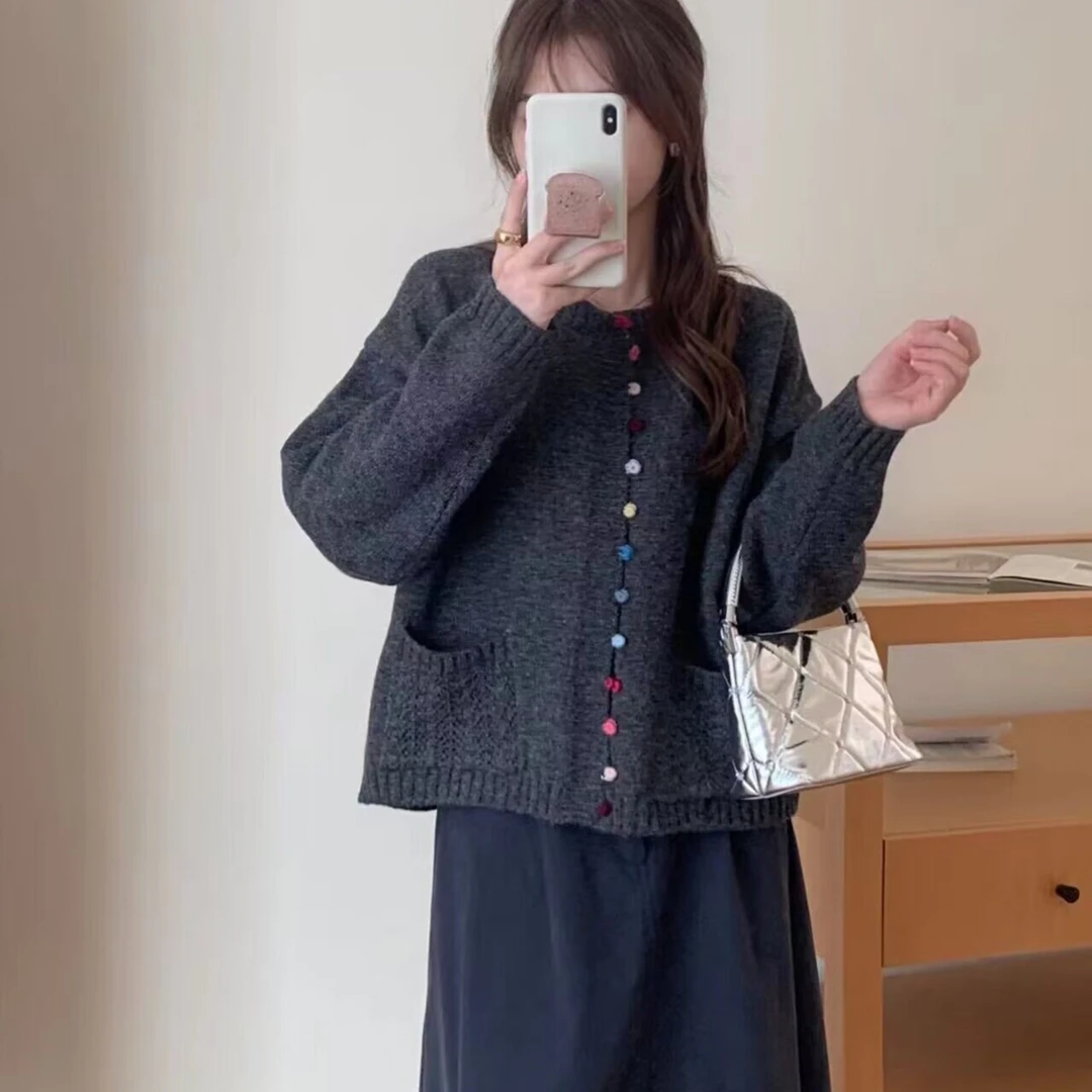 K1565 深灰色重工彩色纽扣高级感针织开衫秋季新款韩系针织开衫