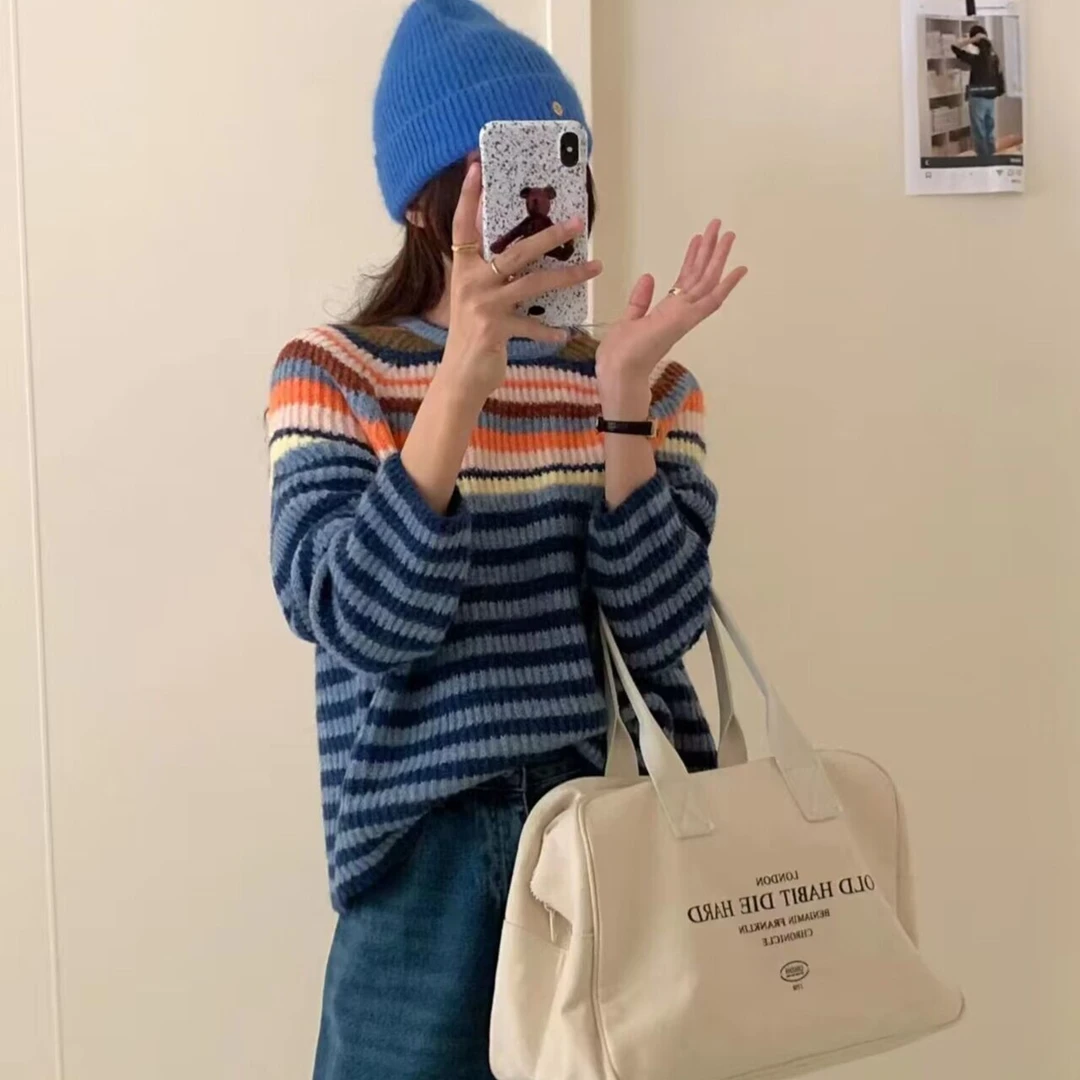 T1801 美式彩色条纹长袖女新秋冬季针织衫毛衣