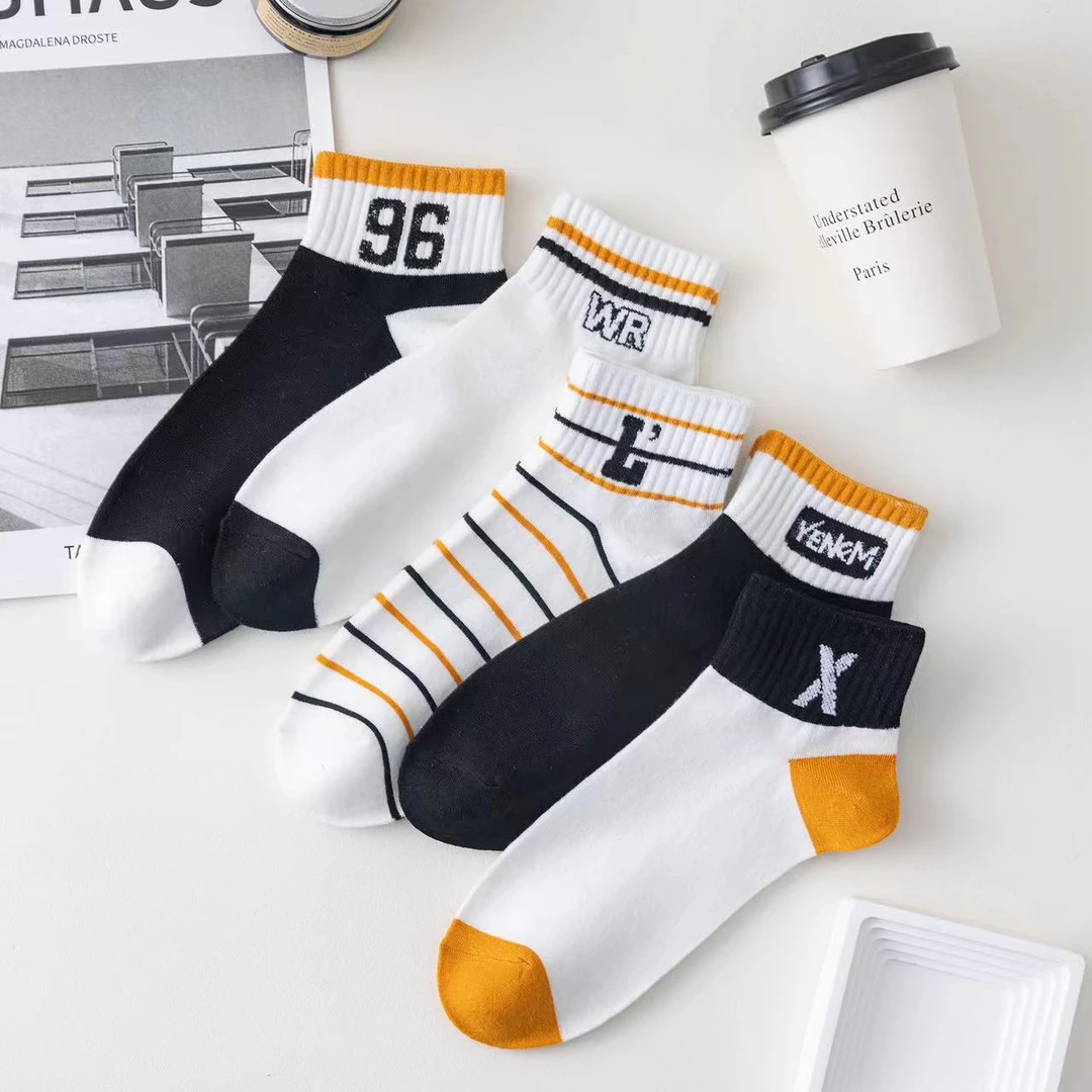 【5双装】男士纯棉字母百搭运动风春夏短筒袜