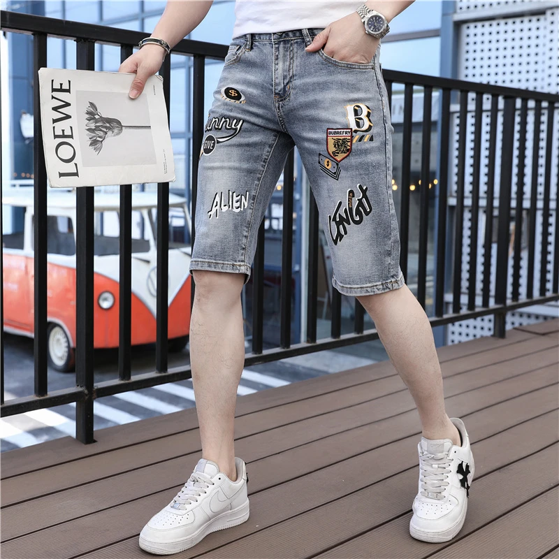 潮牌牛仔短裤男百搭潮流个性字母印花夏季修身水洗牛仔休闲5分裤