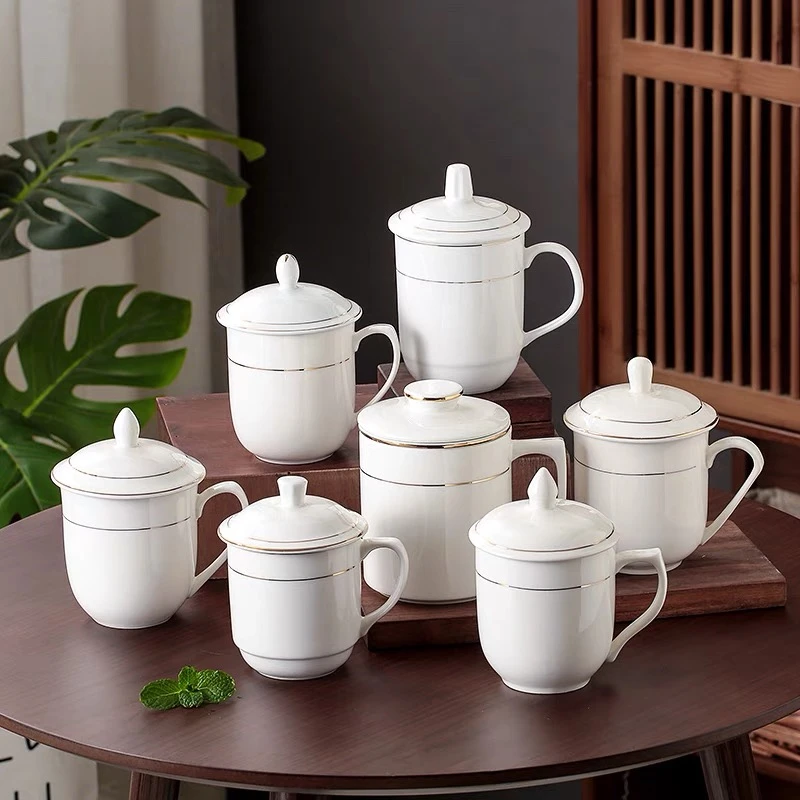 陶瓷茶杯带盖纯白色茶水杯办公室酒店客房会议杯家用水杯陶瓷茶杯