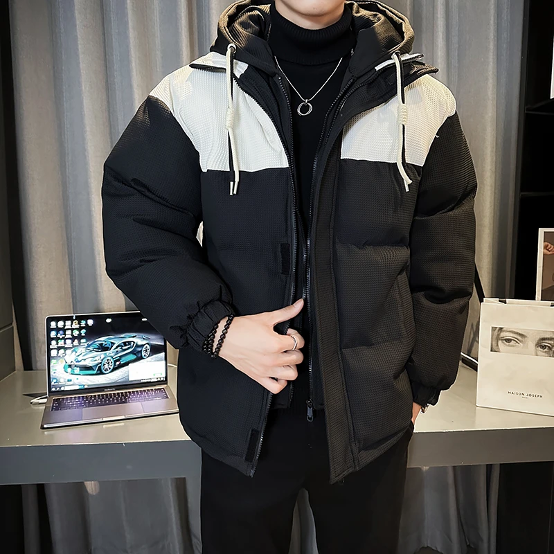 潮牌男士冬装外套男秋冬款棉服拼接连帽棉袄高贵上档次男装厚棉衣