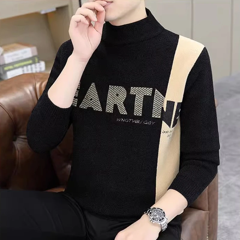 毛衣男款冬季男士毛衣百搭长袖针织衫男秋冬季拼色加厚半高领毛衣