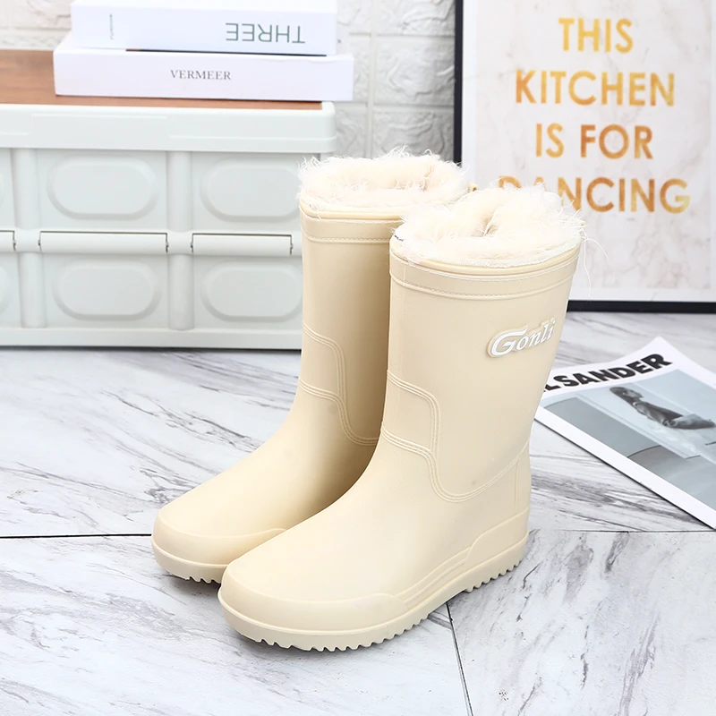 女款时尚女士加绒雨鞋防滑中筒雨靴外穿学生厚底轻便耐磨防水鞋