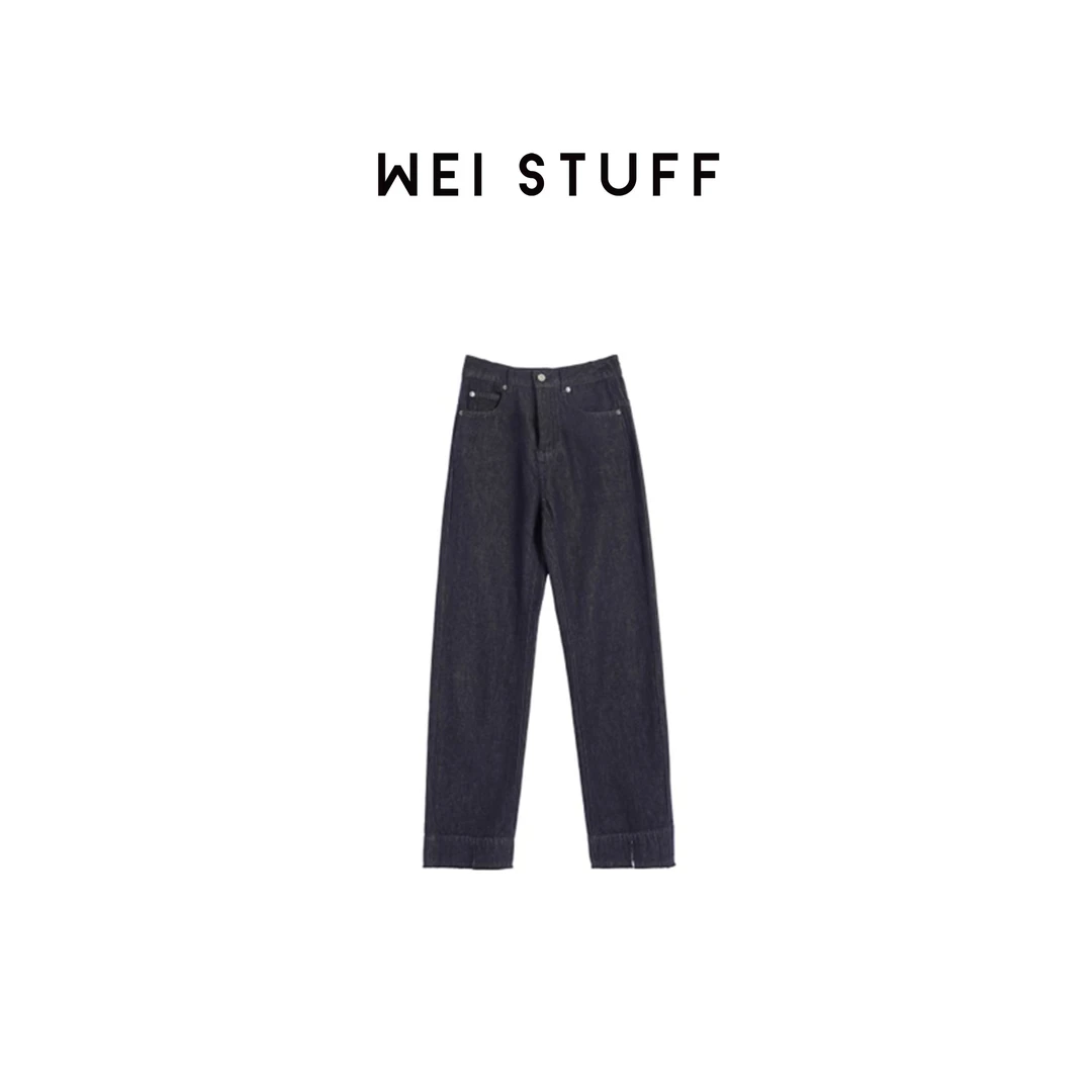 WEI STUFF 春季纯棉下摆开叉时尚设计师百搭深蓝牛仔裤 6183 S