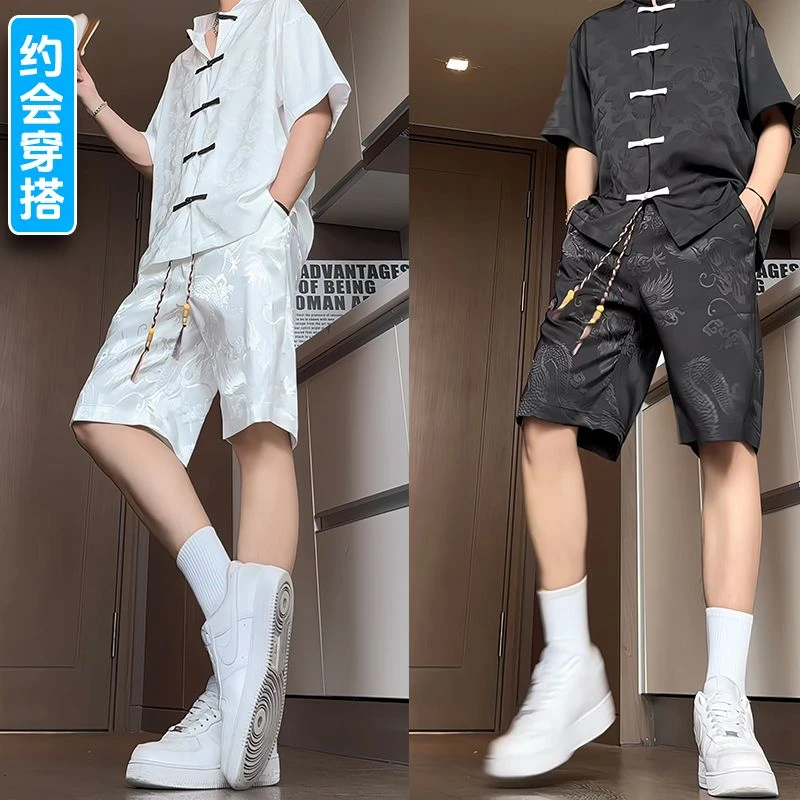 新款男女装冰丝套装夏季中式短袖衬衫五分短裤宽松两件套国风国潮