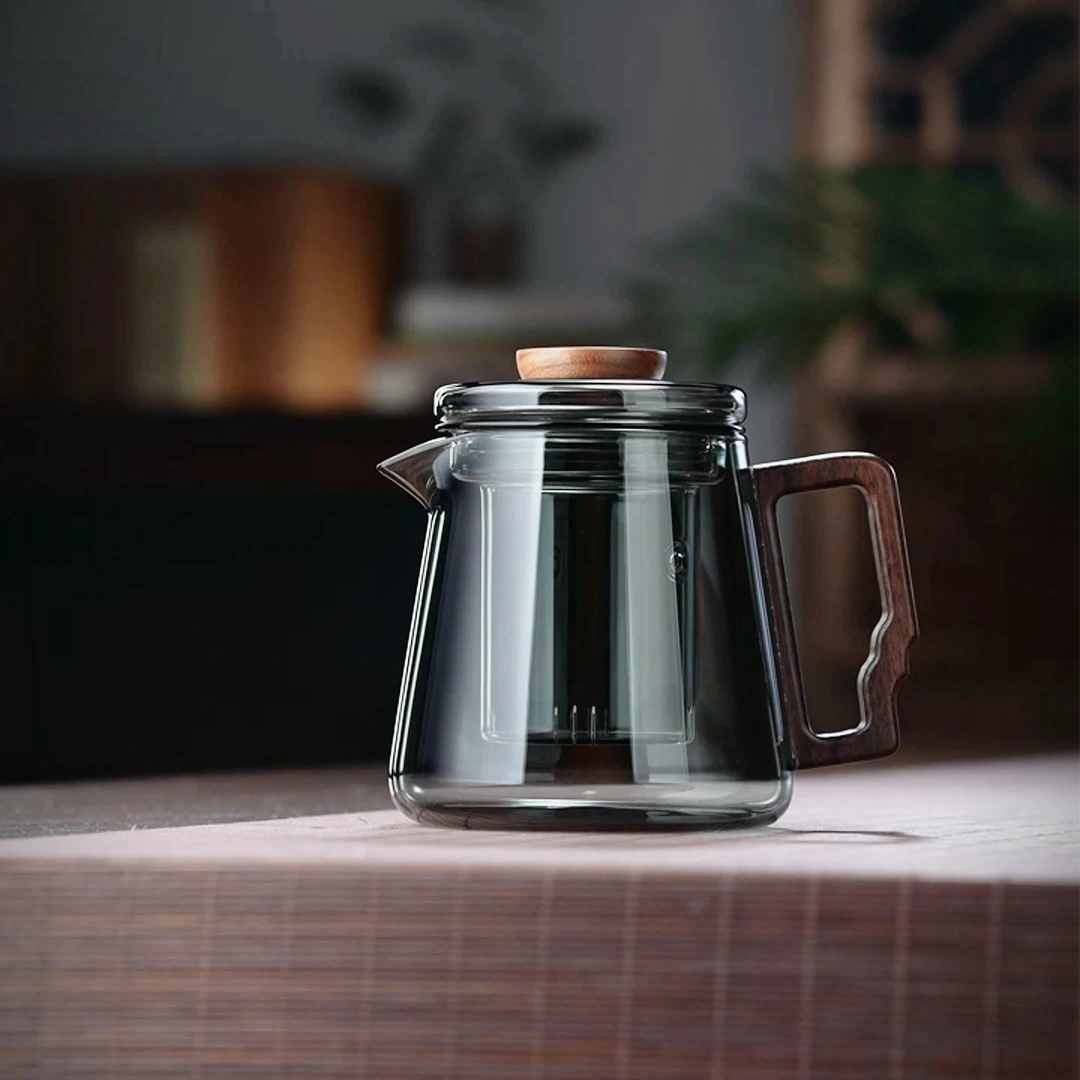 加厚玻璃茶水分离带过滤家用茶壶煮茶器办公室花茶壶胡桃木把