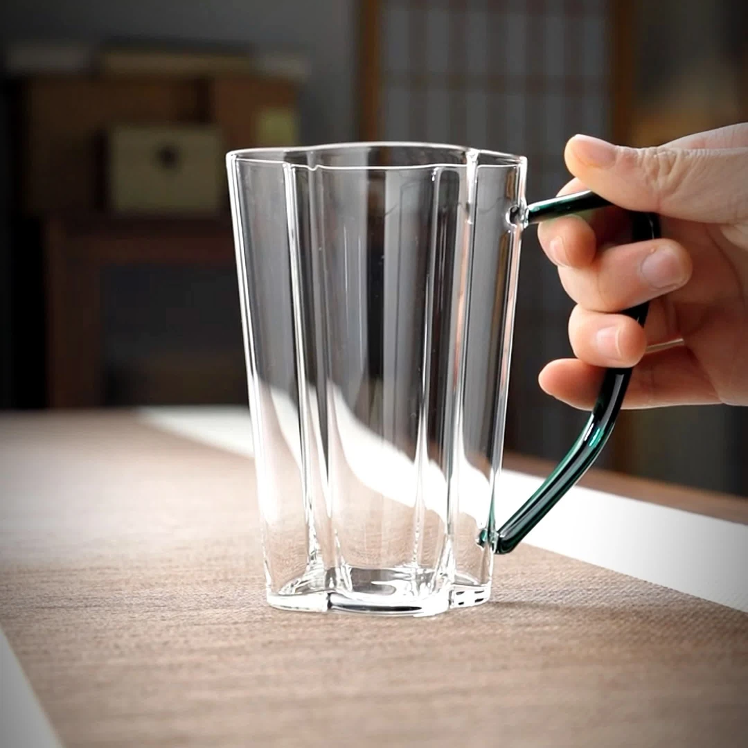 日式透明玻璃绿茶杯泡茶水杯防烫花茶玻璃杯带把手家用耐高温杯子