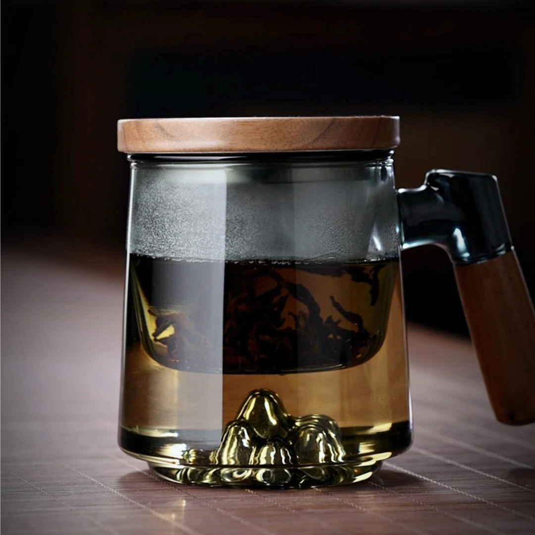 高硼硅耐热手工玻璃三件式茶水分离泡茶杯男士办公杯木把观山杯