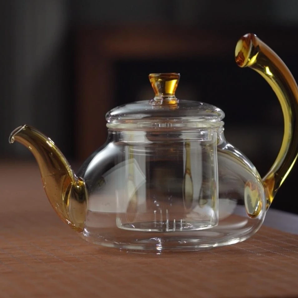 高硼硅玻璃耐热茶具天蝎翘把壶雀翎壶透明玻璃彩把壶家用煮花茶
