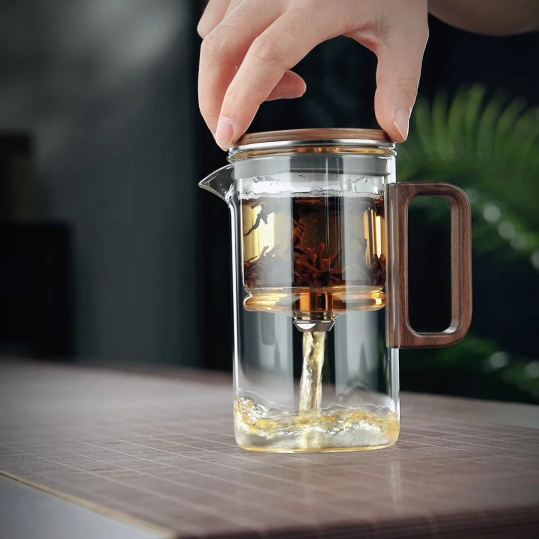 尚明无键飘逸杯泡茶壶磁旋过滤茶壶胡桃木泡茶杯全玻璃内胆茶具