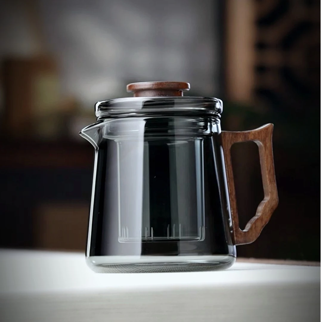 胡桃木把玻璃茶壶家用泡茶壶办公室简约茶具茶壶单壶大容量加厚