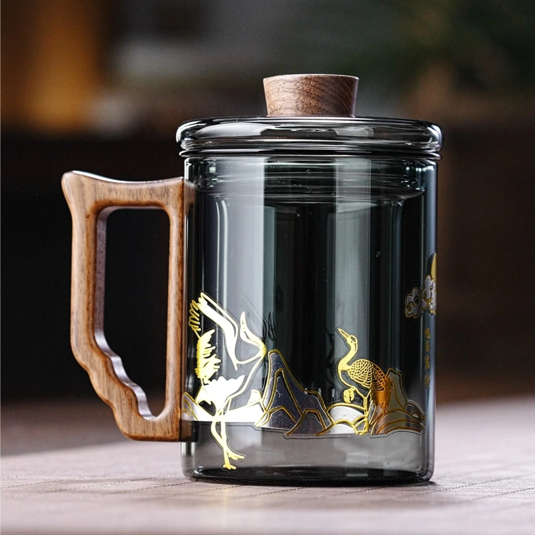 茶水分离办公杯泡茶杯办公室喝茶杯玻璃杯木把手工透明家用大容量