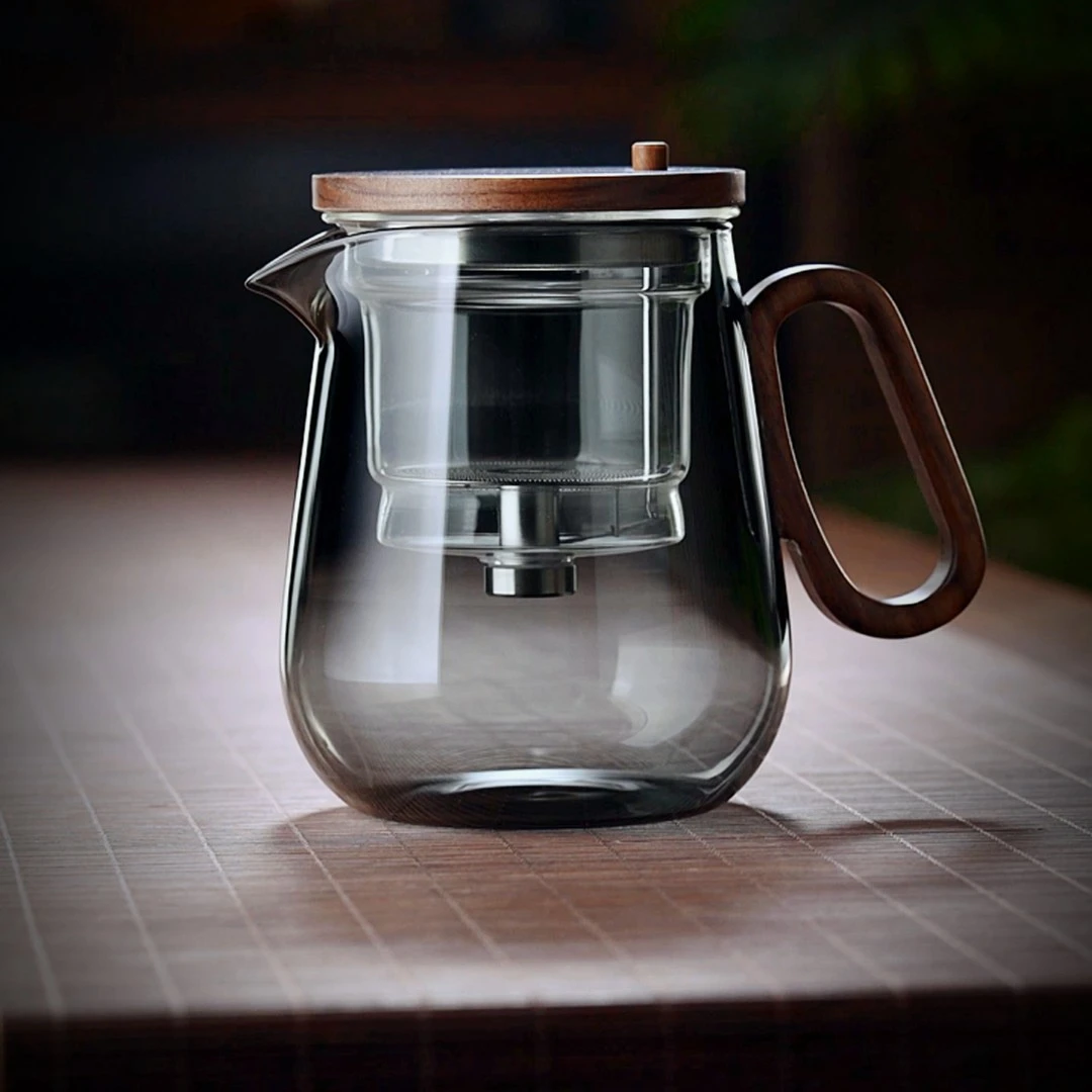 简约飘逸壶家用胡桃木泡茶壶茶水分离一键式过滤茶壶
