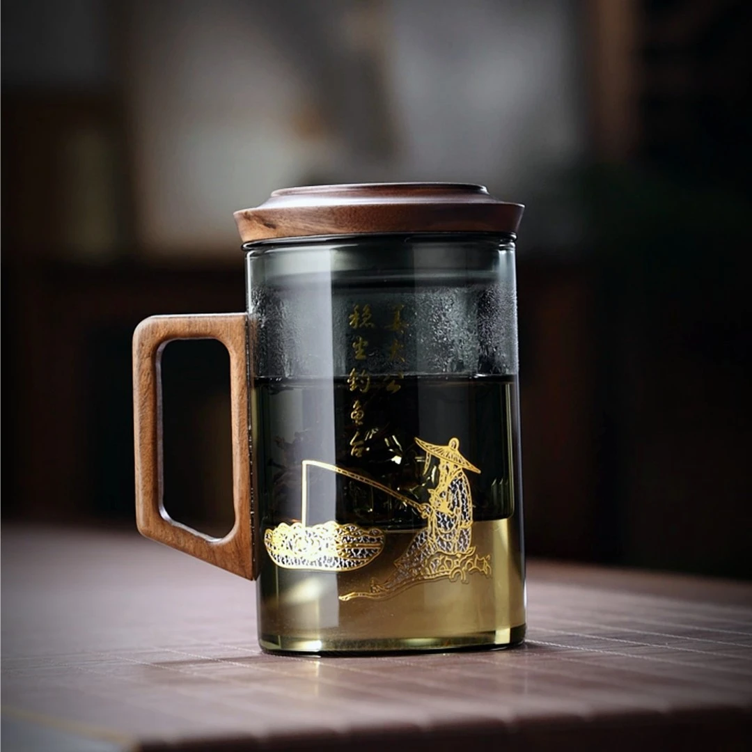 耐热玻璃三件式办公杯透明大容量家用日式茶水杯喝水杯带盖观山杯