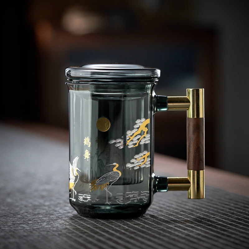 玻璃三件杯办公杯烟灰色茶杯居家办公茶杯茶水分离杯