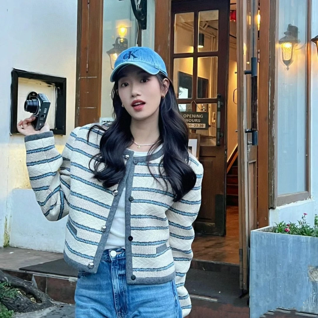 外套上衣开衫小香风针织短款条纹秋季长袖时尚休闲百搭宽松韩版