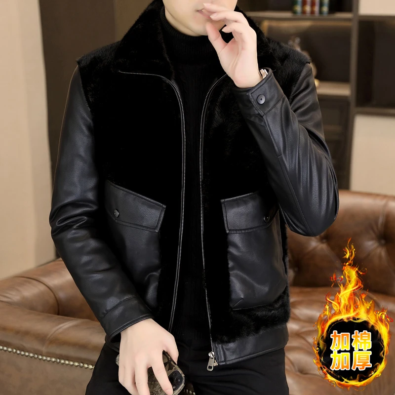 男款二棉夹克外套男士时尚加绒修身加厚皮毛一体休闲潮流翻领保暖