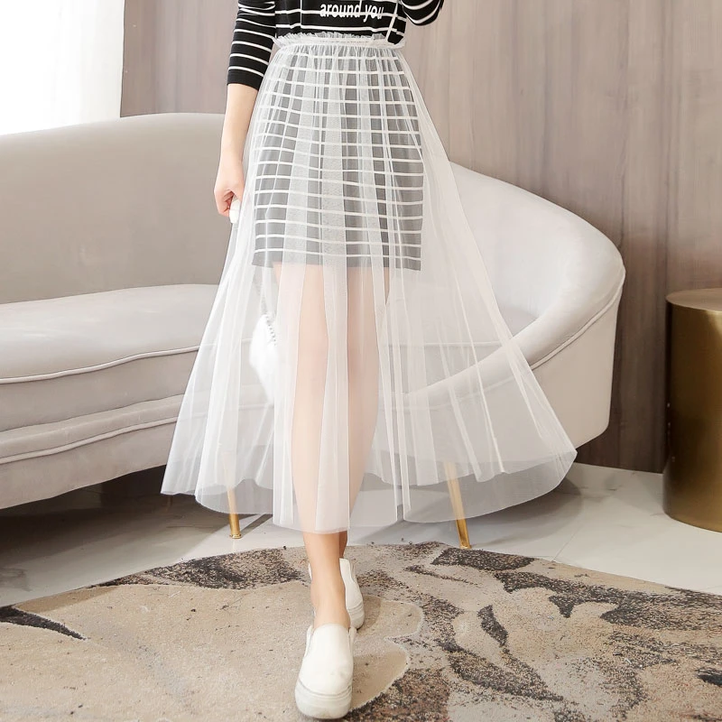 白色一层纱裙薄纱透视网纱半身裙女夏季透明单层外搭罩裙性感长裙