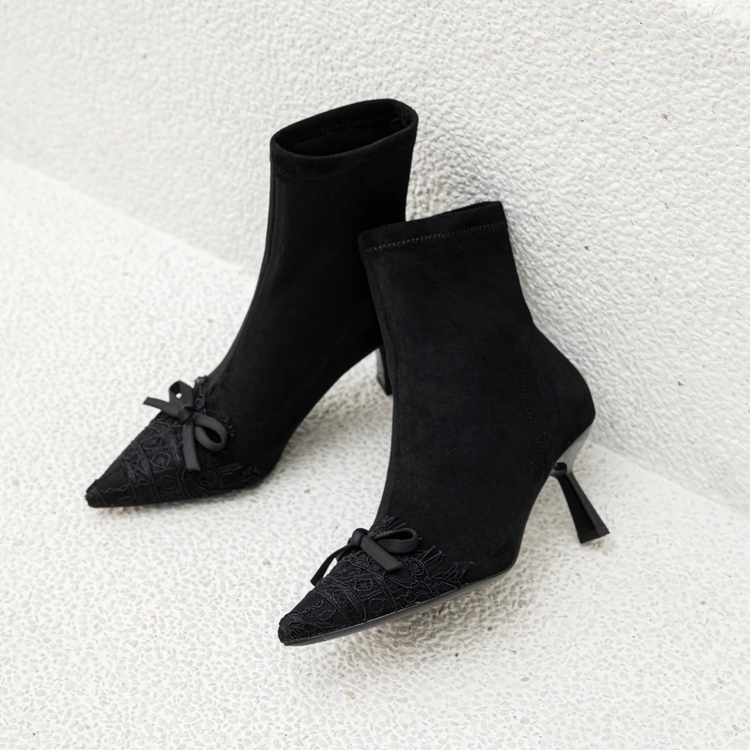 【小贝家】6cm一代682细跟尖头短靴绒面蕾丝高跟鞋瘦瘦靴女鞋踝靴