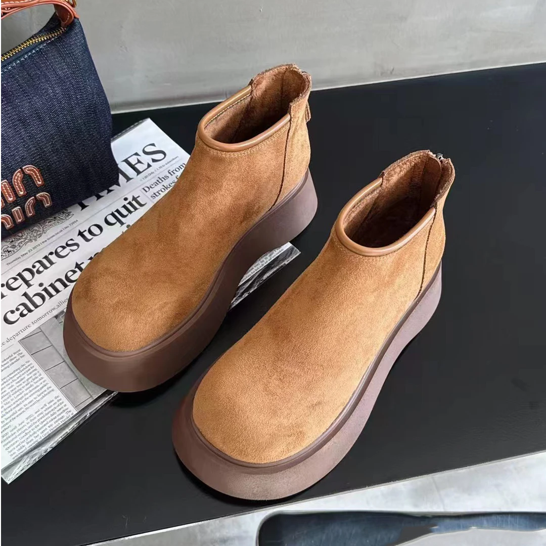 【小贝家】厚底增高勃肯鞋秋冬加绒平底后拉链舒适女鞋松糕鞋5061-2