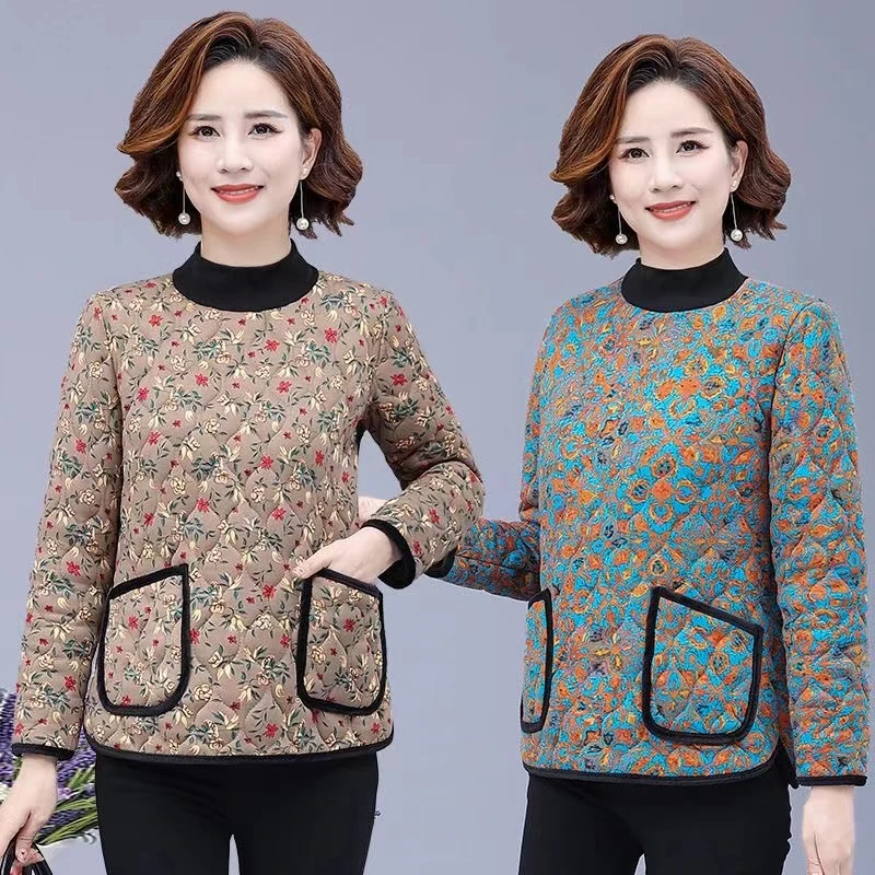 高档套头棉袄女洋气内穿加绒加厚2023冬季新款碎花中老年妈妈装